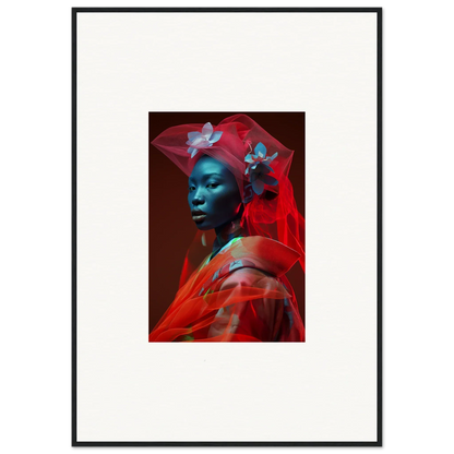 Portrait of a person with blue skin and red fabric, perfect for velvet botanicals room decoration