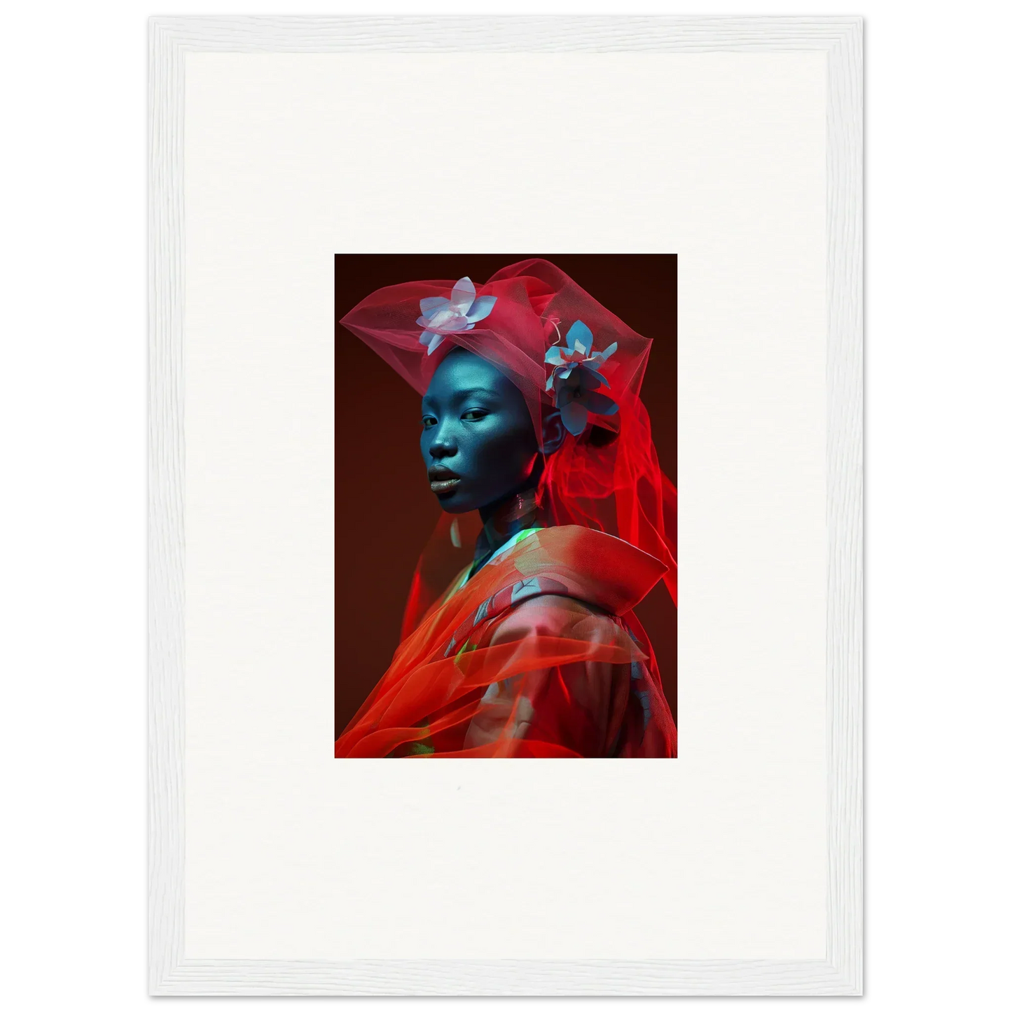 Portrait of a person with blue-tinted skin in red fabric, perfect for velvet botanicals canvas print