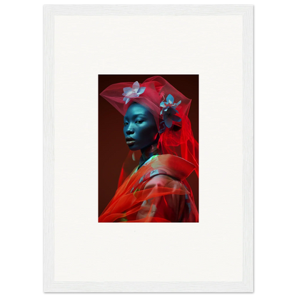 Portrait of a person with blue-tinted skin in red fabric, perfect for velvet botanicals canvas print