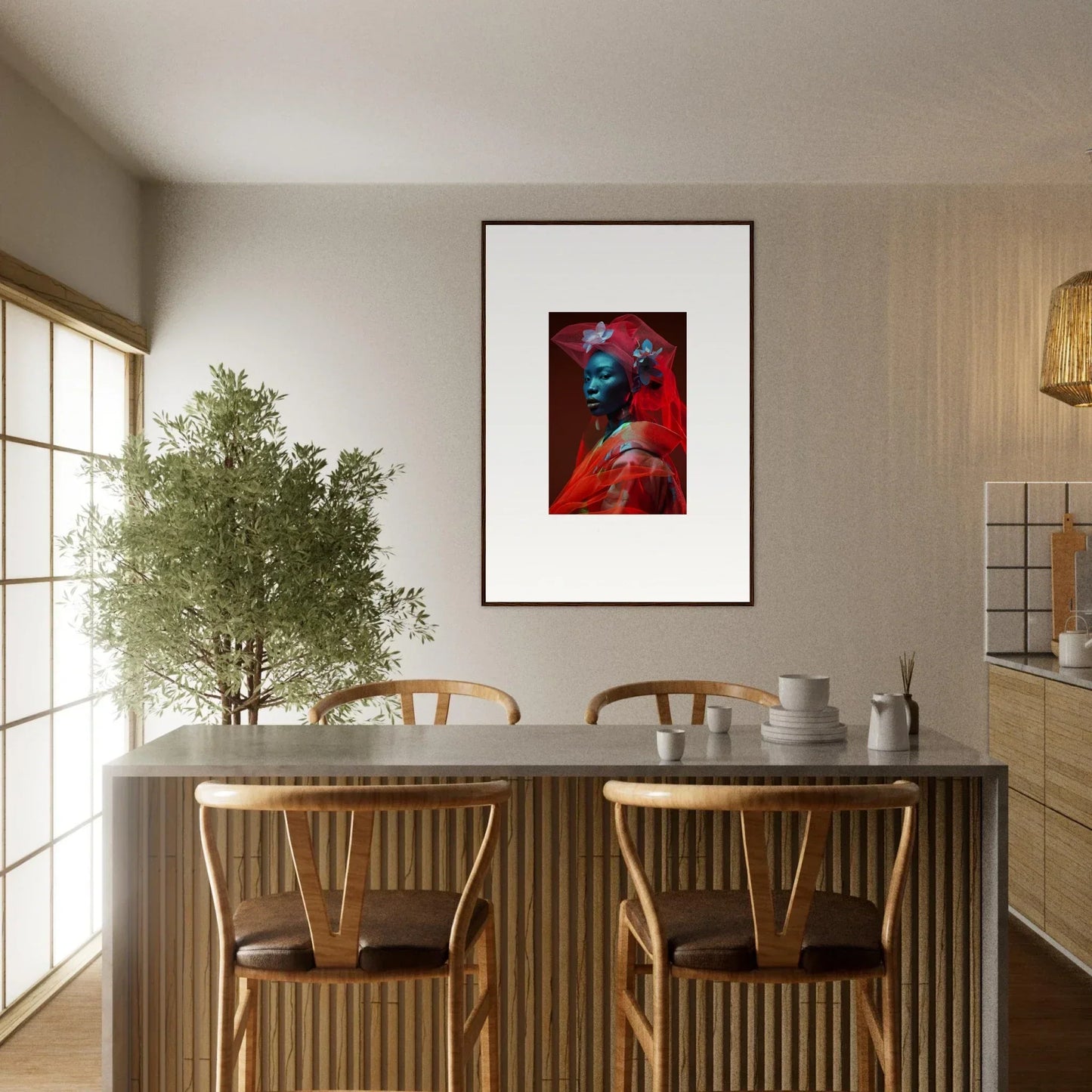 Dining area with a table, chairs, and vibrant Velvet Botanicals canvas print