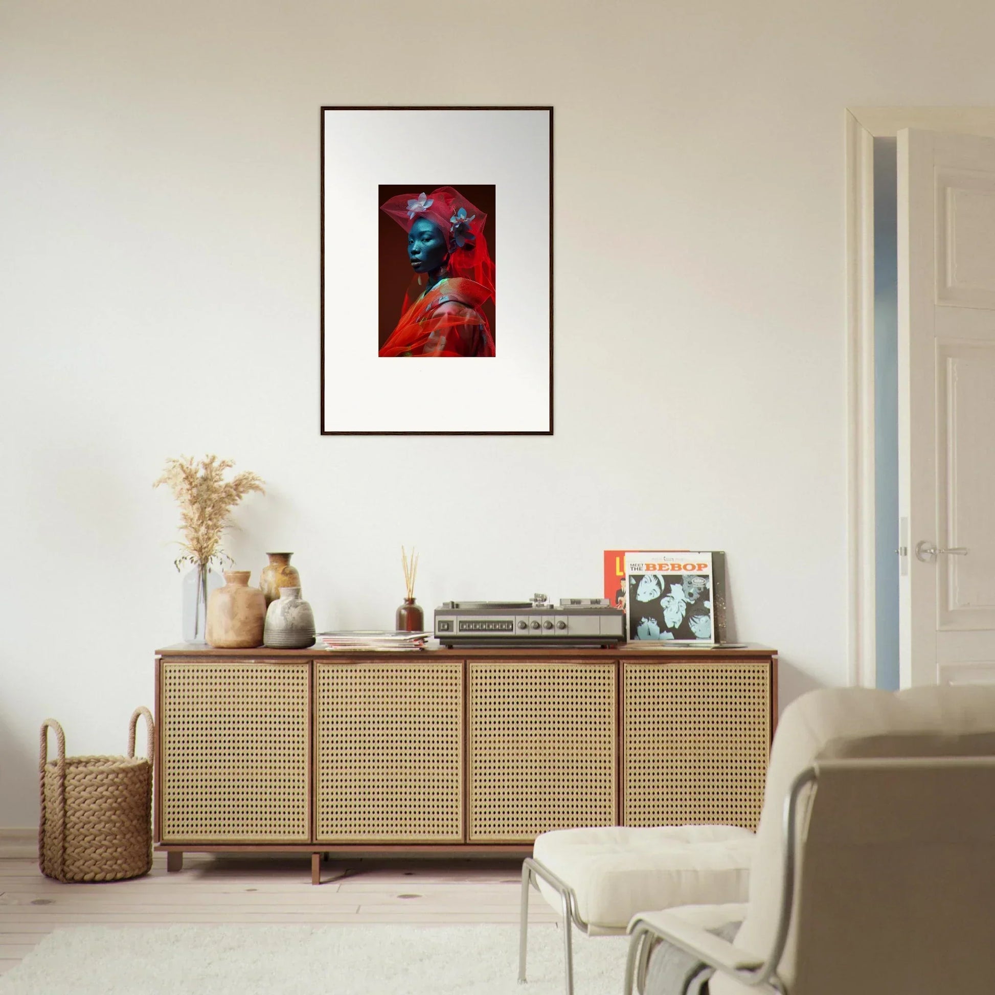 Framed abstract portrait in red and blue for vibrant room decoration with velvet botanicals