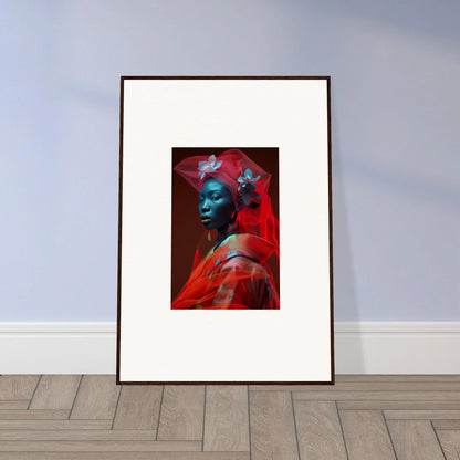 Framed canvas print of a figure with blue skin and red background for fun room decoration