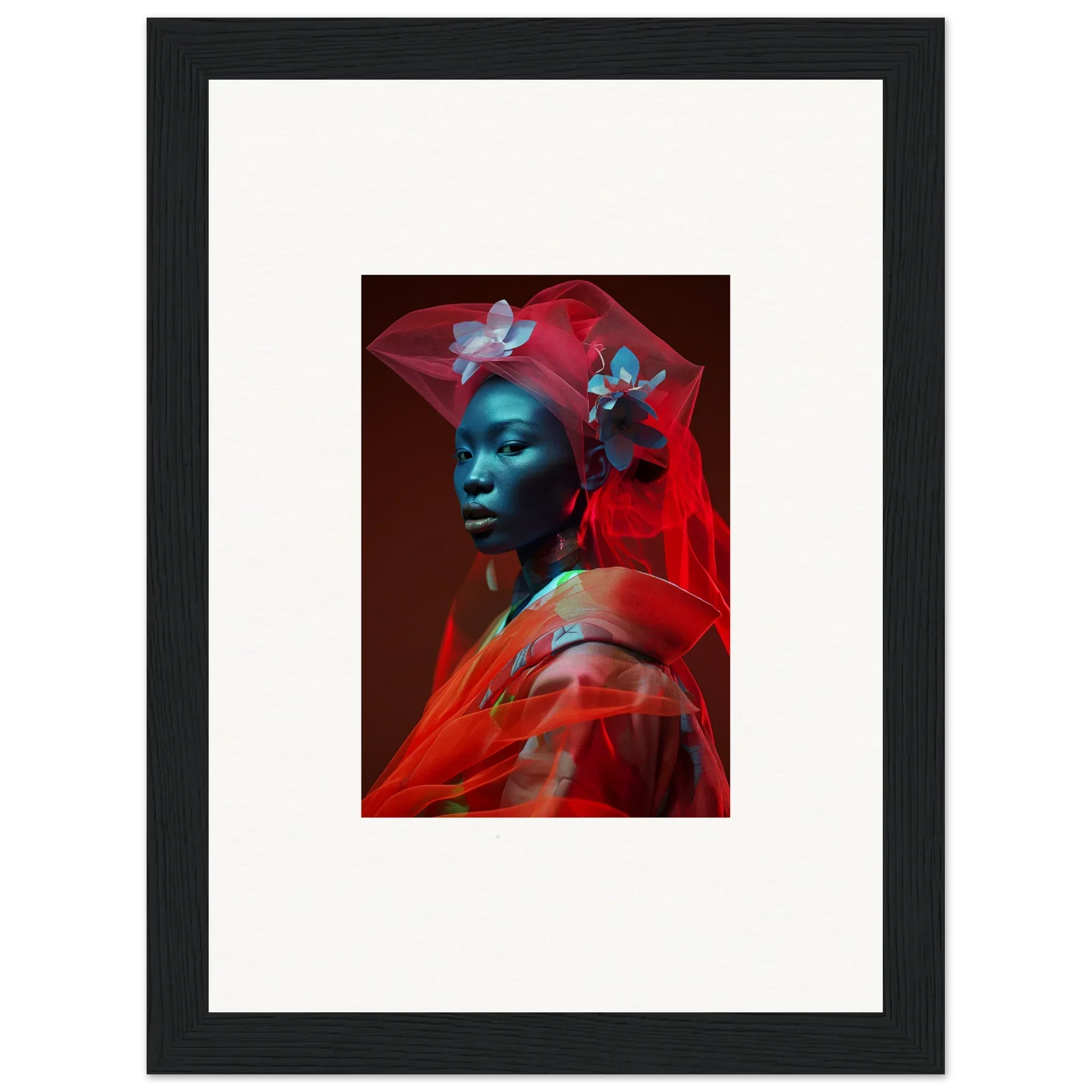 Framed canvas print of a blue-skinned person with red fabric, perfect for room decoration