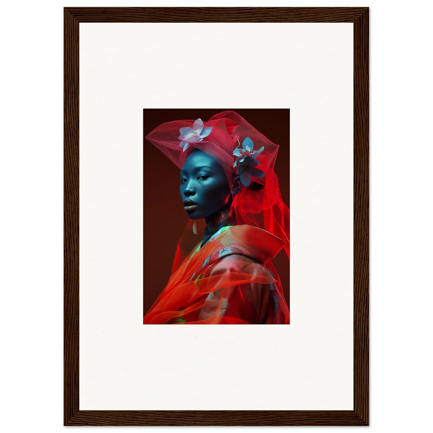 Framed canvas print of a blue-skinned figure in red, perfect for unique room decoration