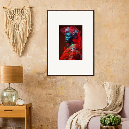 Framed canvas print featuring blue-skinned figure, perfect for velvet botanicals room decoration