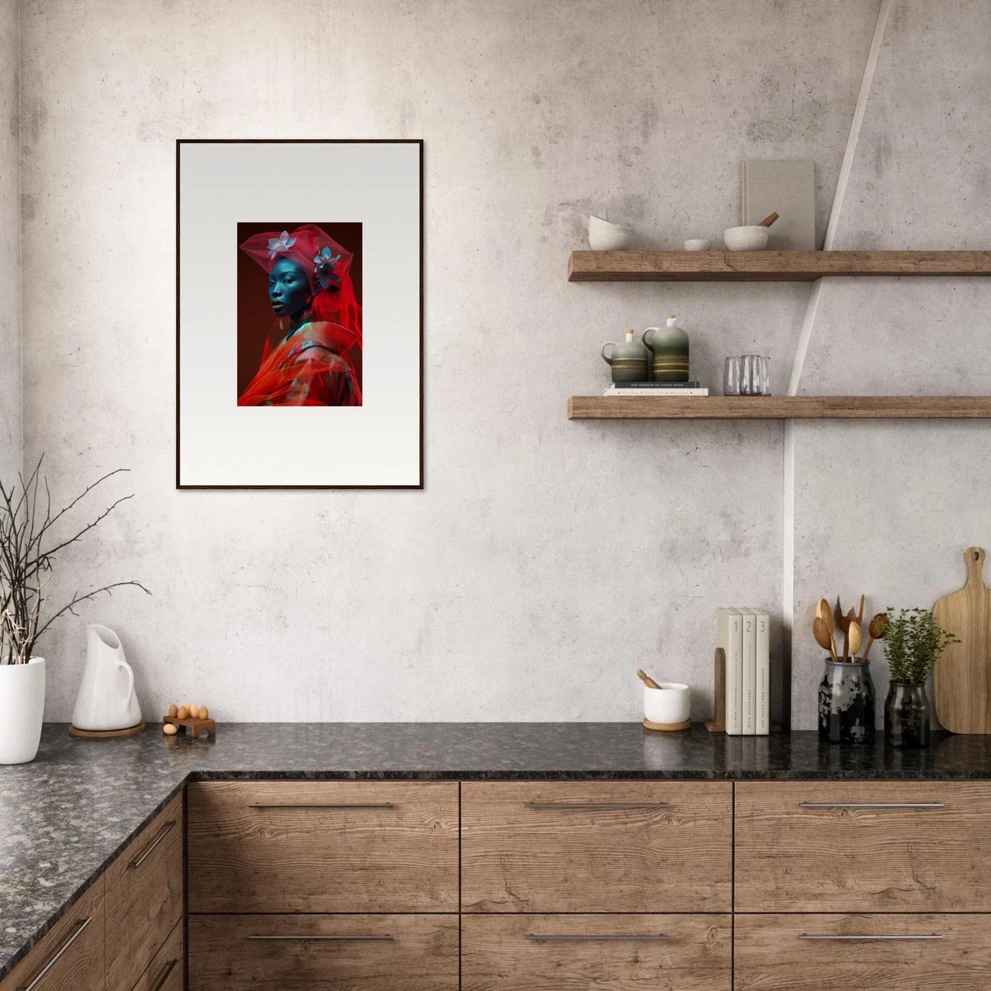 Framed abstract portrait in red and blue, perfect for velvet botanicals room decoration