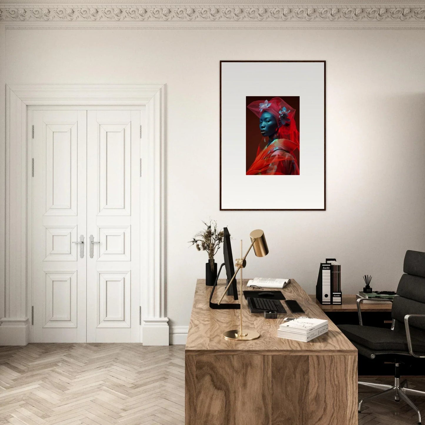 Cozy home office with a wooden desk featuring Velvet Botanicals canvas print decor