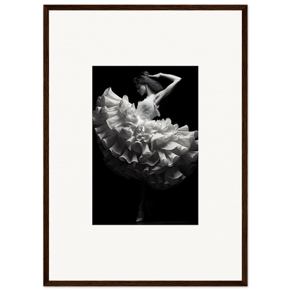 Dancer in a flowing, ruffled white dress captured mid-movement against a dark background.