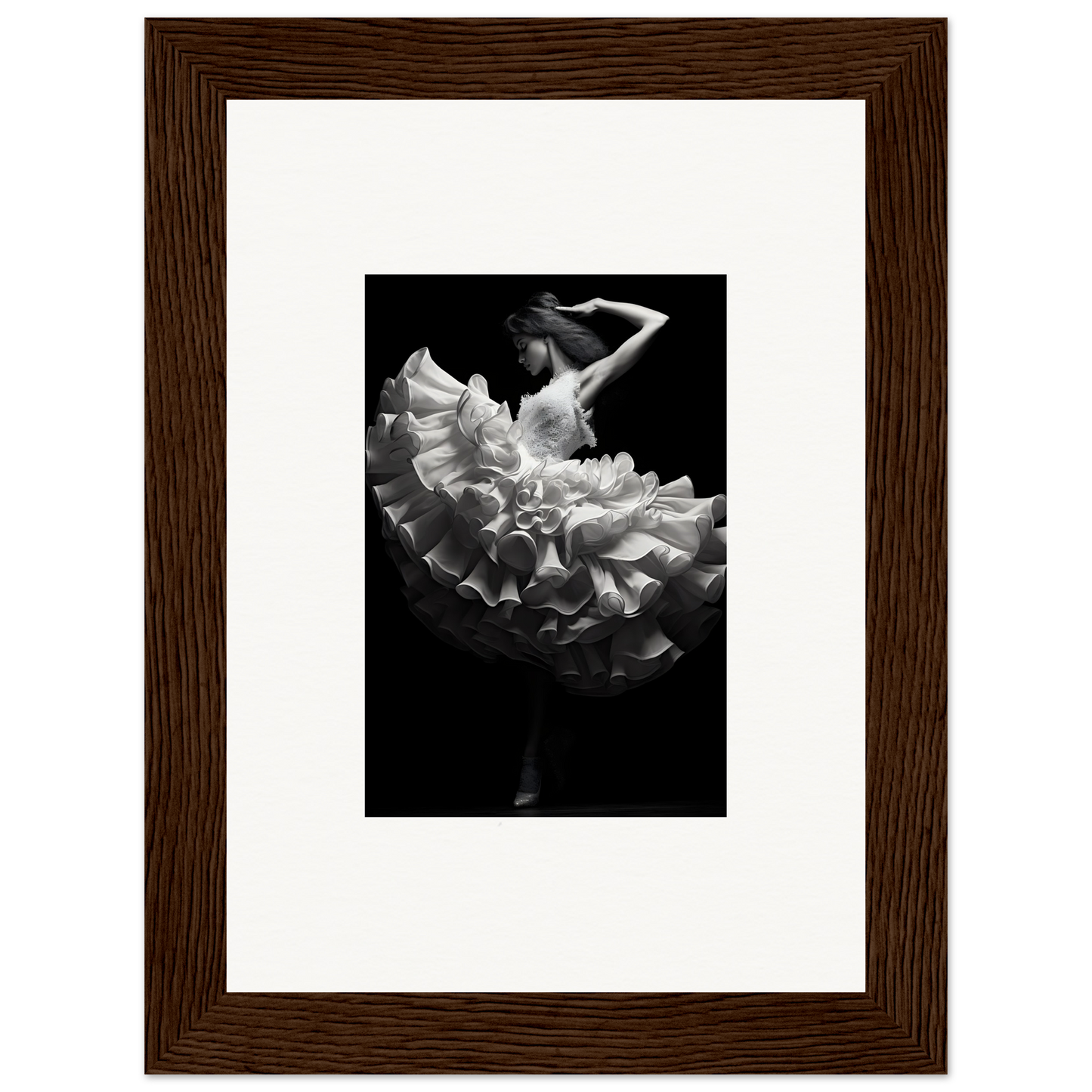 Framed black and white photograph of a dancer in a flowing ruffled dress.