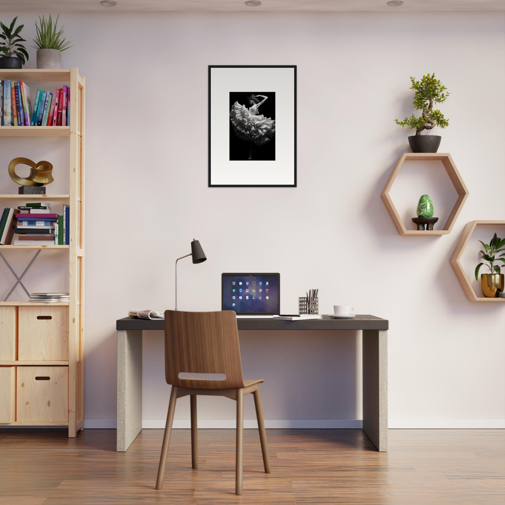 Home office workspace with a desk, chair, and decorative shelving.