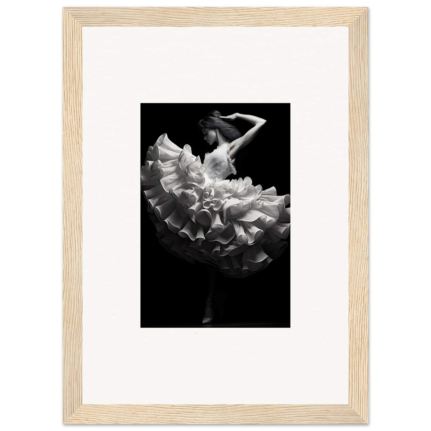 Black and white photograph of a dancer in a flowing, ruffled dress captured mid-movement.