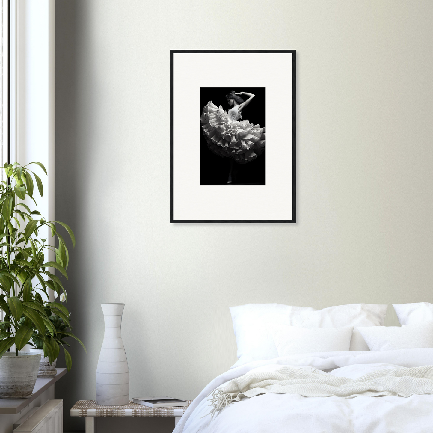 Framed black and white photograph of a flower blossom.