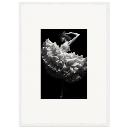 Dancer in a voluminous ruffled dress captured mid-movement against a dark background.