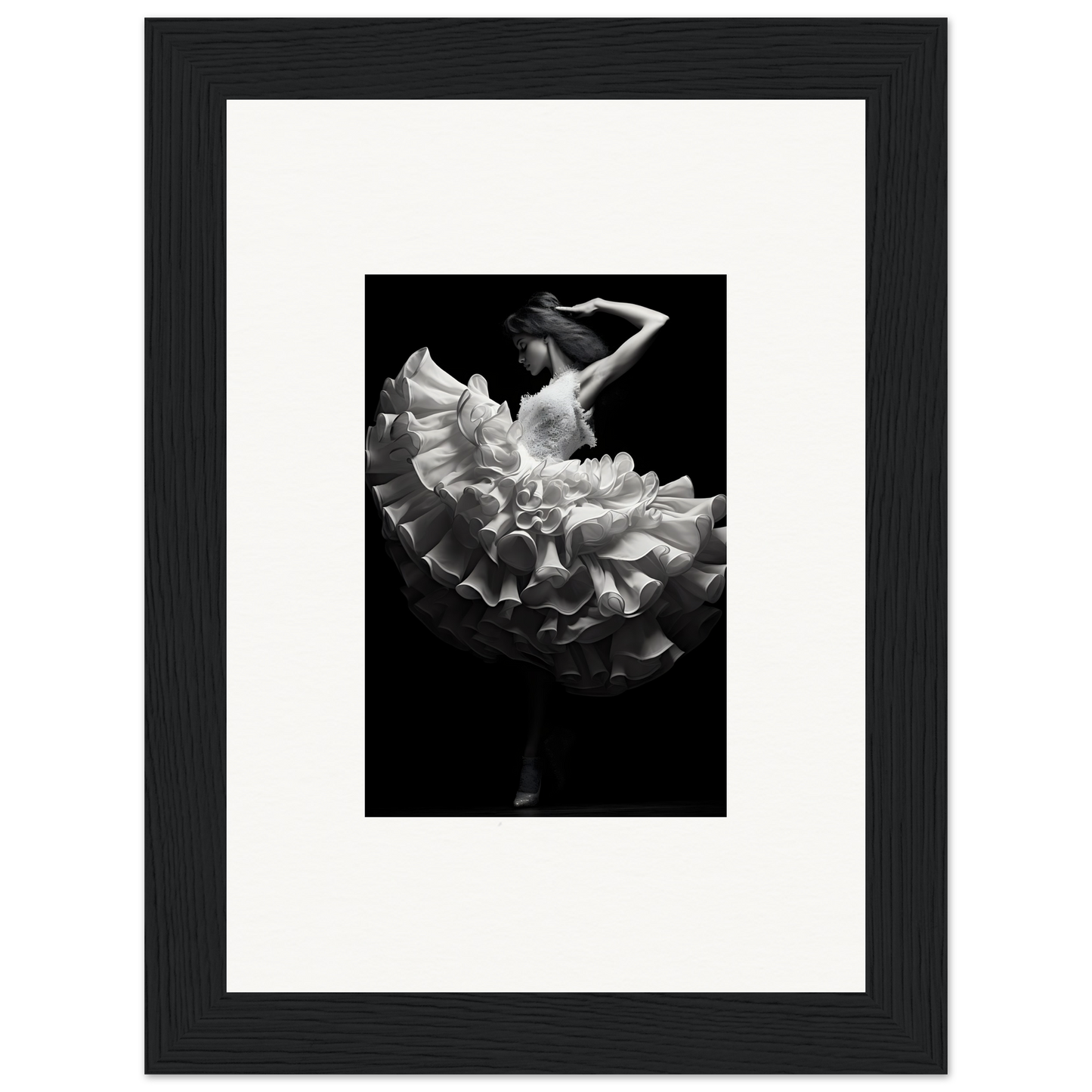 Dancer in a flowing white dress with ruffles, captured mid-movement against a dark background.