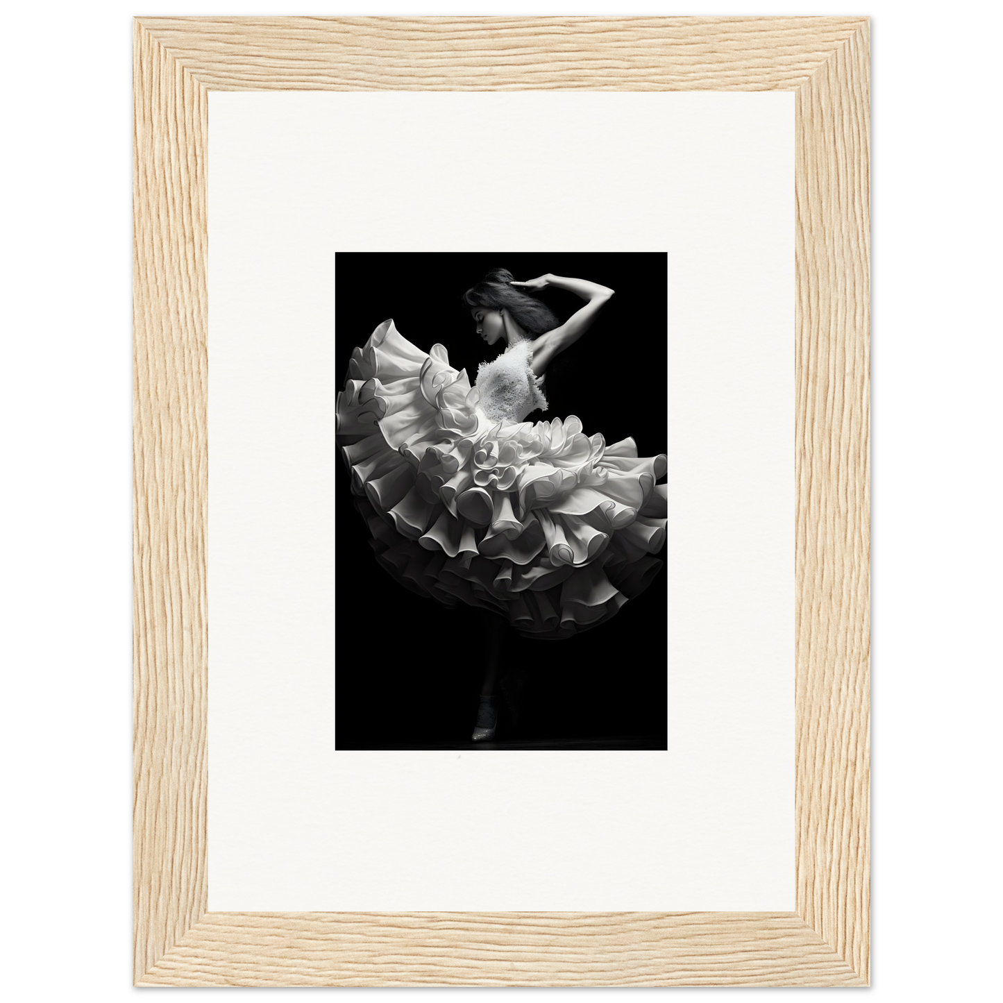 Black and white photograph of a dancer in a ruffled dress, captured mid-motion.