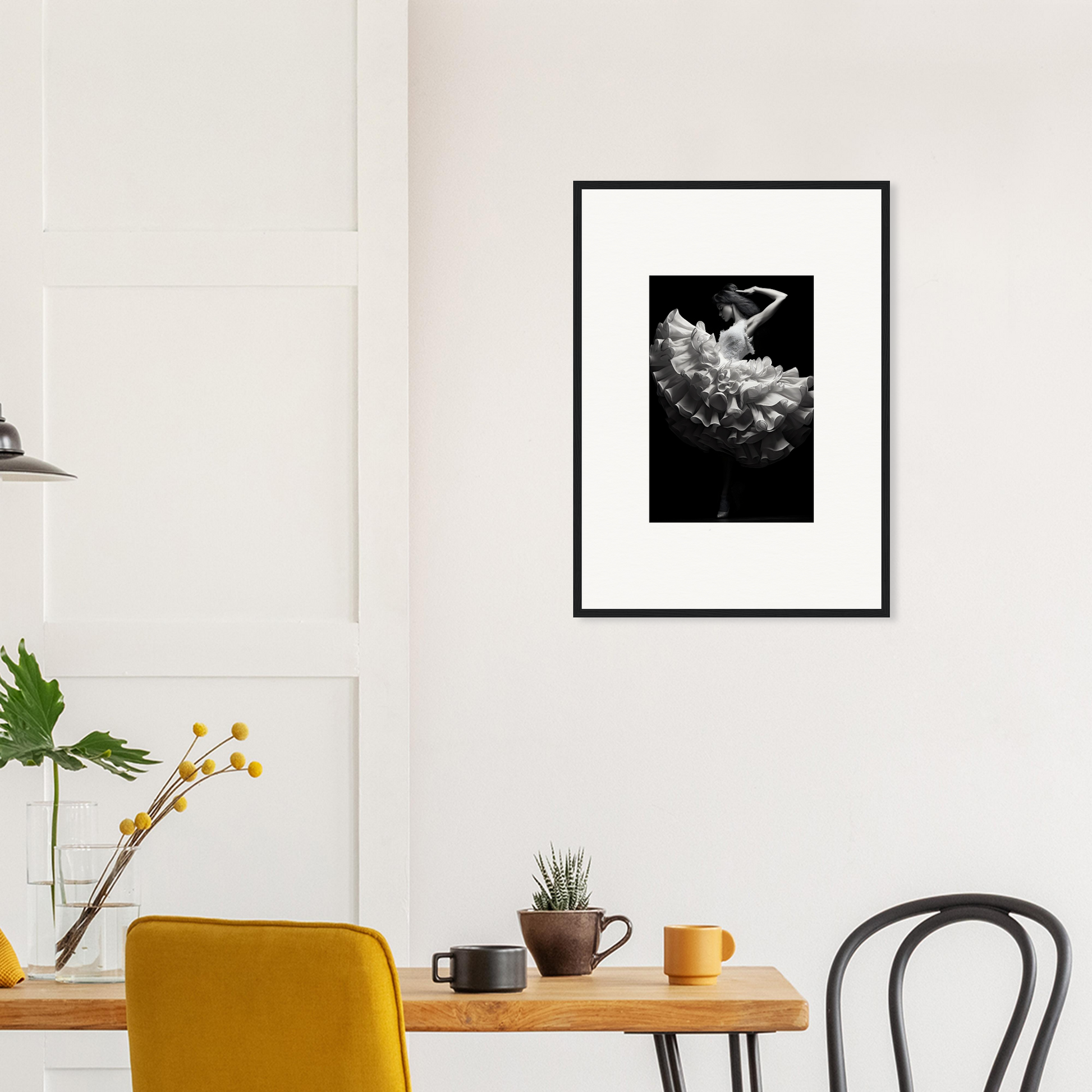 Framed black and white photograph of a figure emerging from or submerged in clouds.