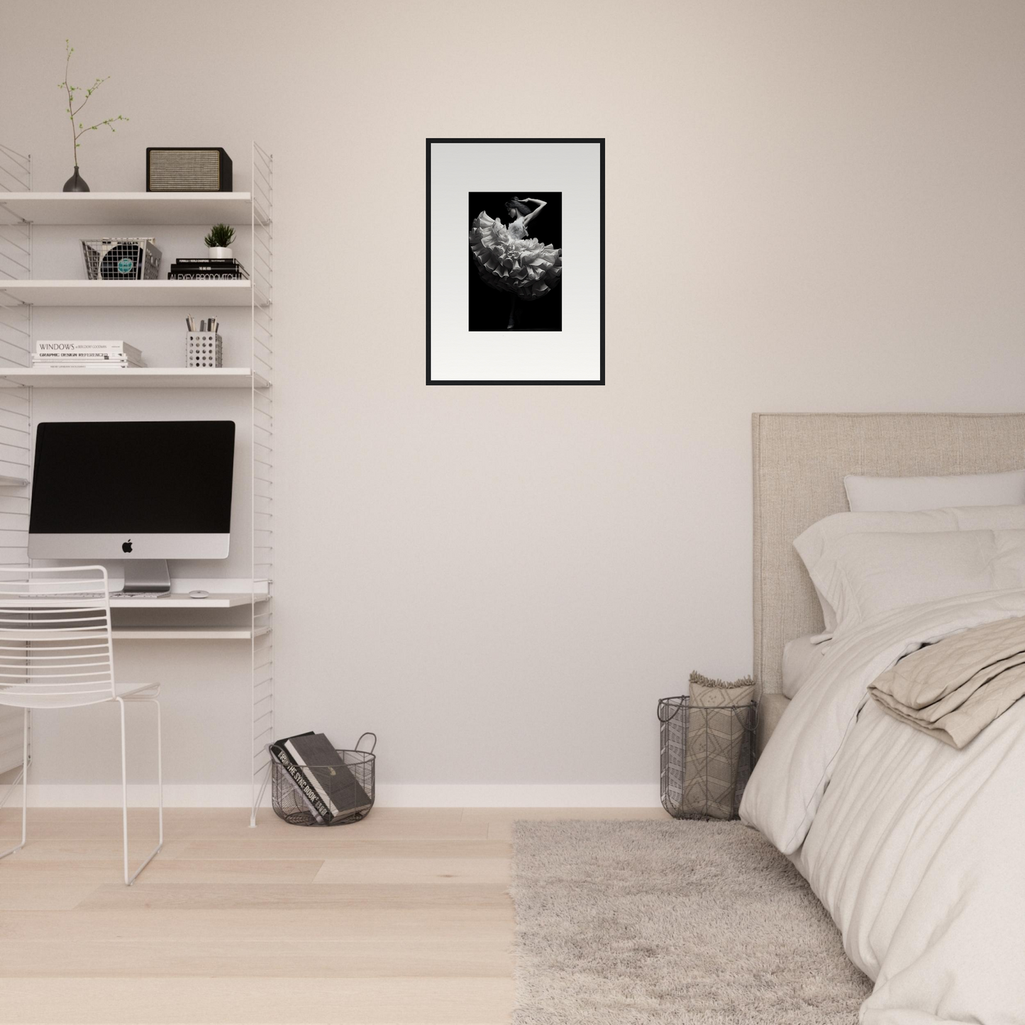 Minimalist bedroom with white walls, floating shelves, and a simple bed.