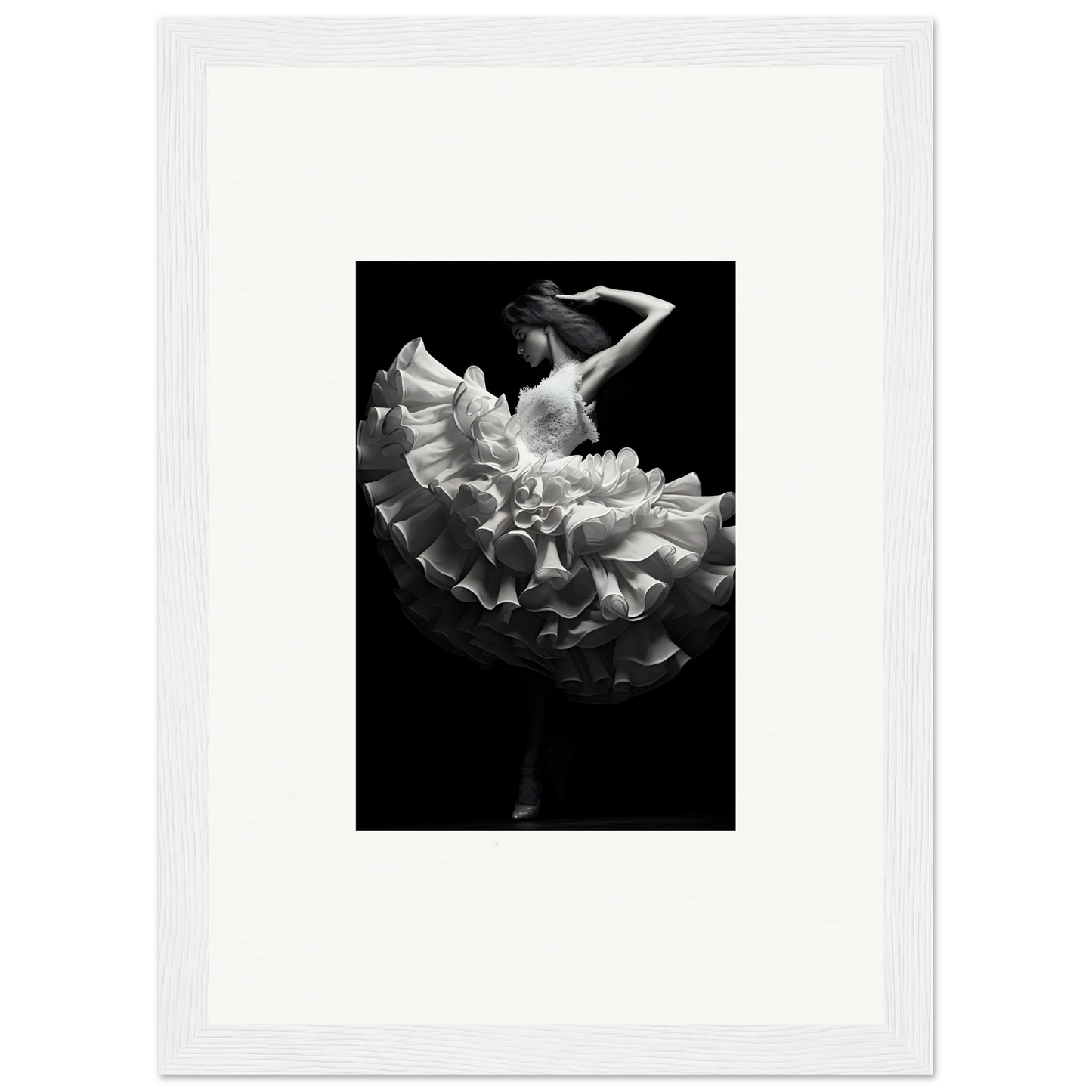 Dancer in a flowing white dress captured mid-twirl against a dark background.