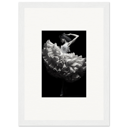 Dancer in a flowing white dress captured mid-twirl against a dark background.