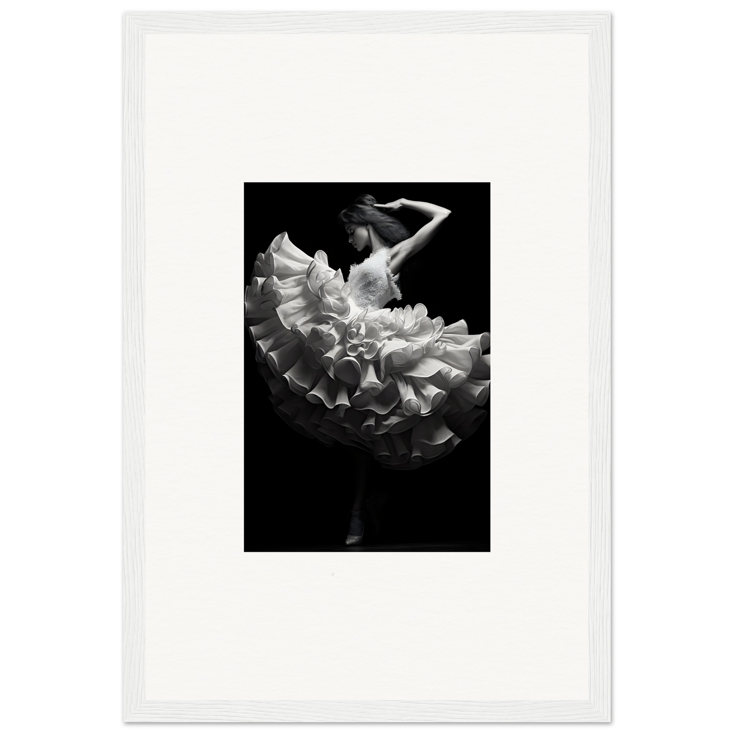 Dancer in a flowing white ruffled dress captured mid-movement against a dark background.