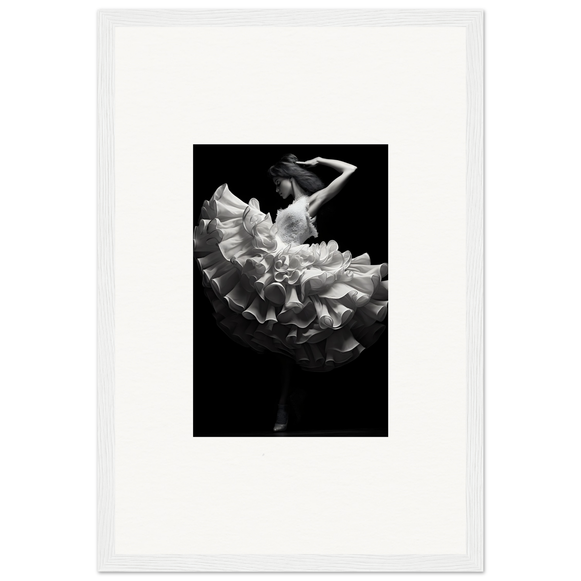 Dancer in a flowing white ruffled dress captured mid-movement against a dark background.