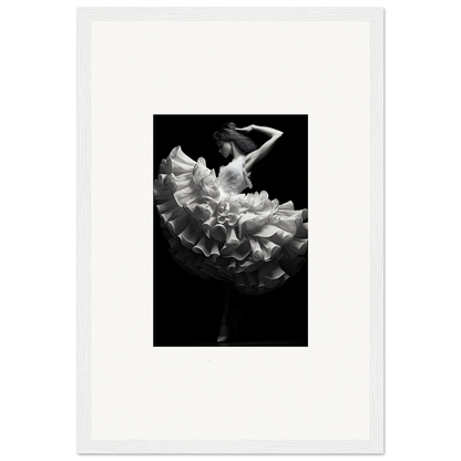 Dancer in a flowing white ruffled dress captured mid-movement against a dark background.