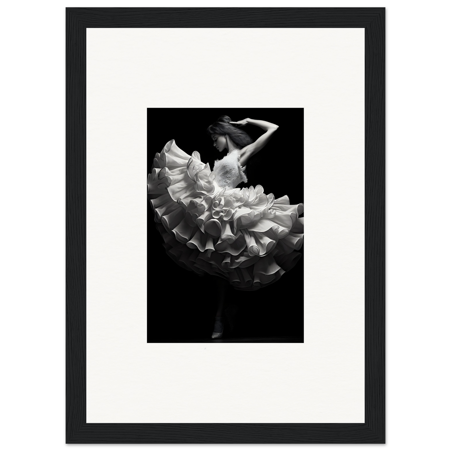 Black and white photograph of a flamenco dancer in a ruffled dress mid-twirl.