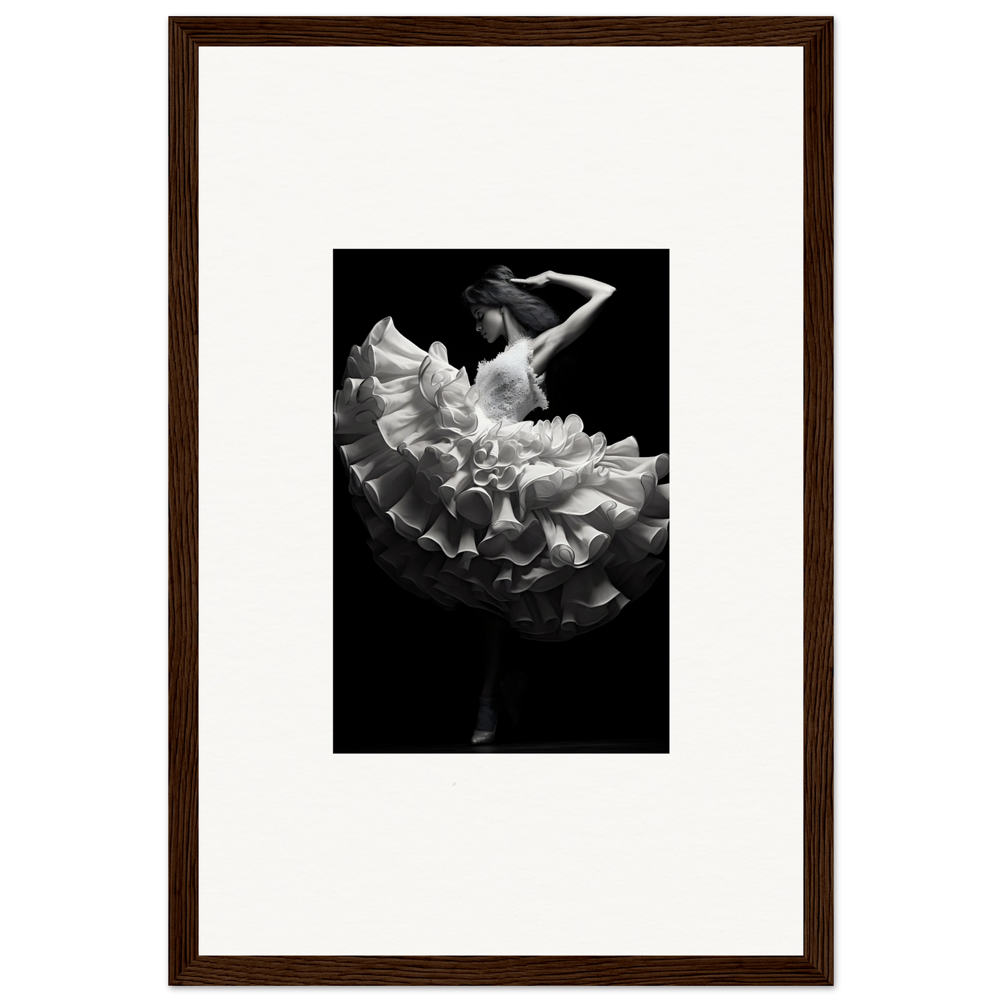 Black and white photograph of a dancer in a flowing, ruffled dress.