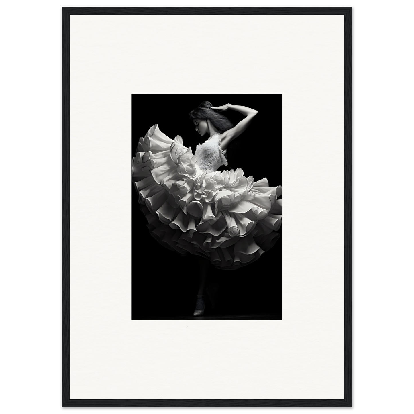 Dancer in a flowing, ruffled white dress captured mid-movement against a dark background.