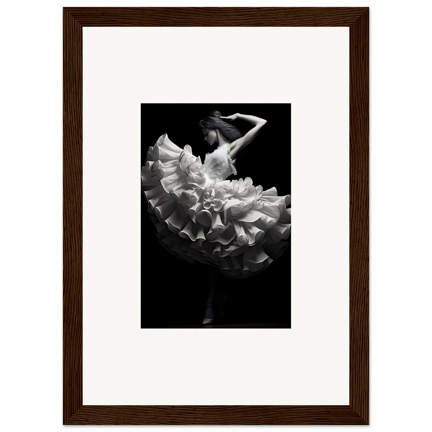 Black and white photograph of a dancer in a flowing, ruffled dress mid-twirl.