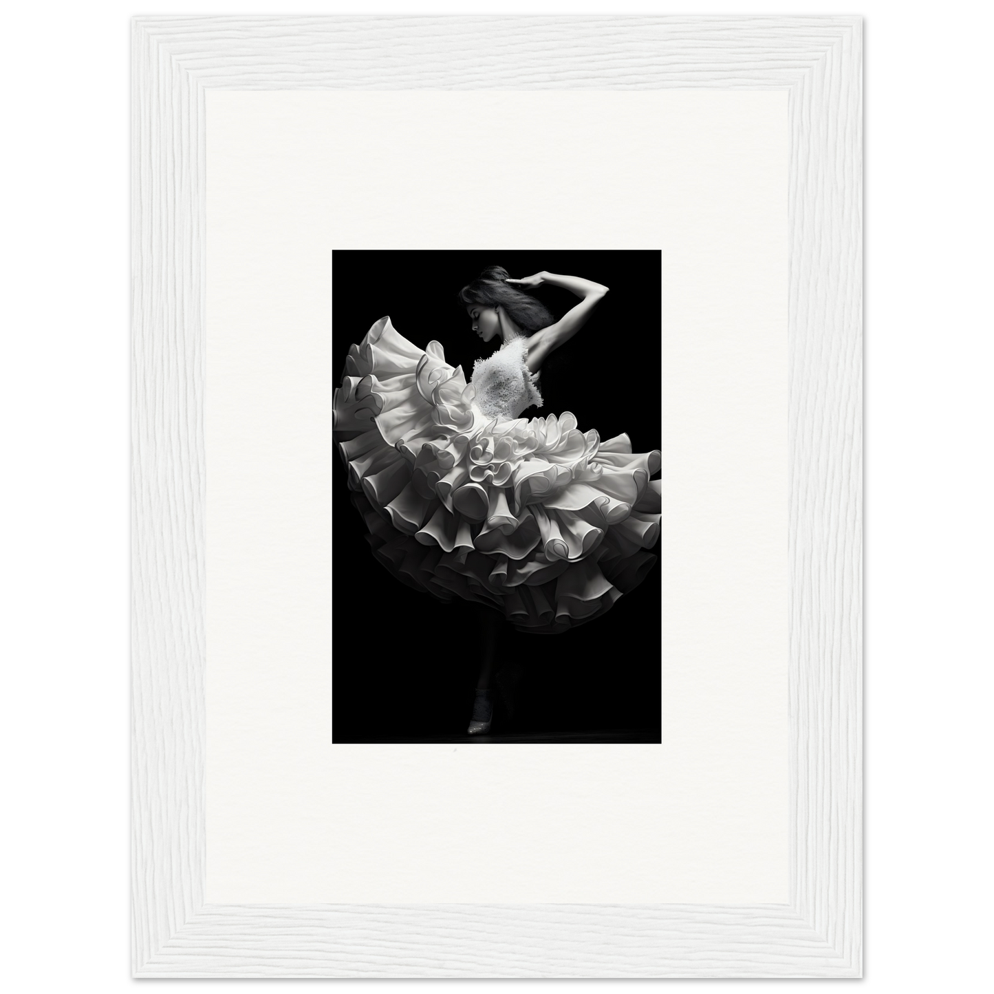 Dancer in a flowing white dress with ruffles, captured mid-motion against a dark background.