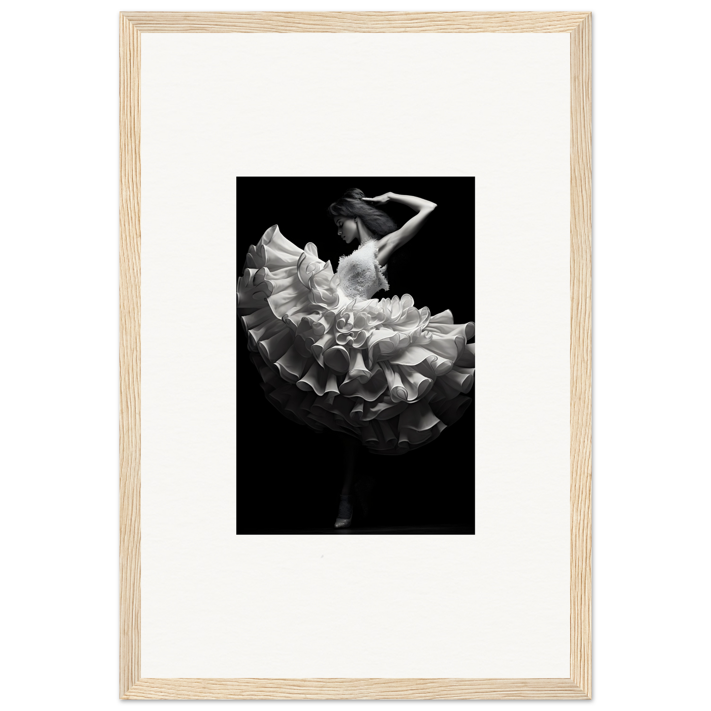 Dancer in a flowing white dress with ruffles, captured mid-movement against a dark background.