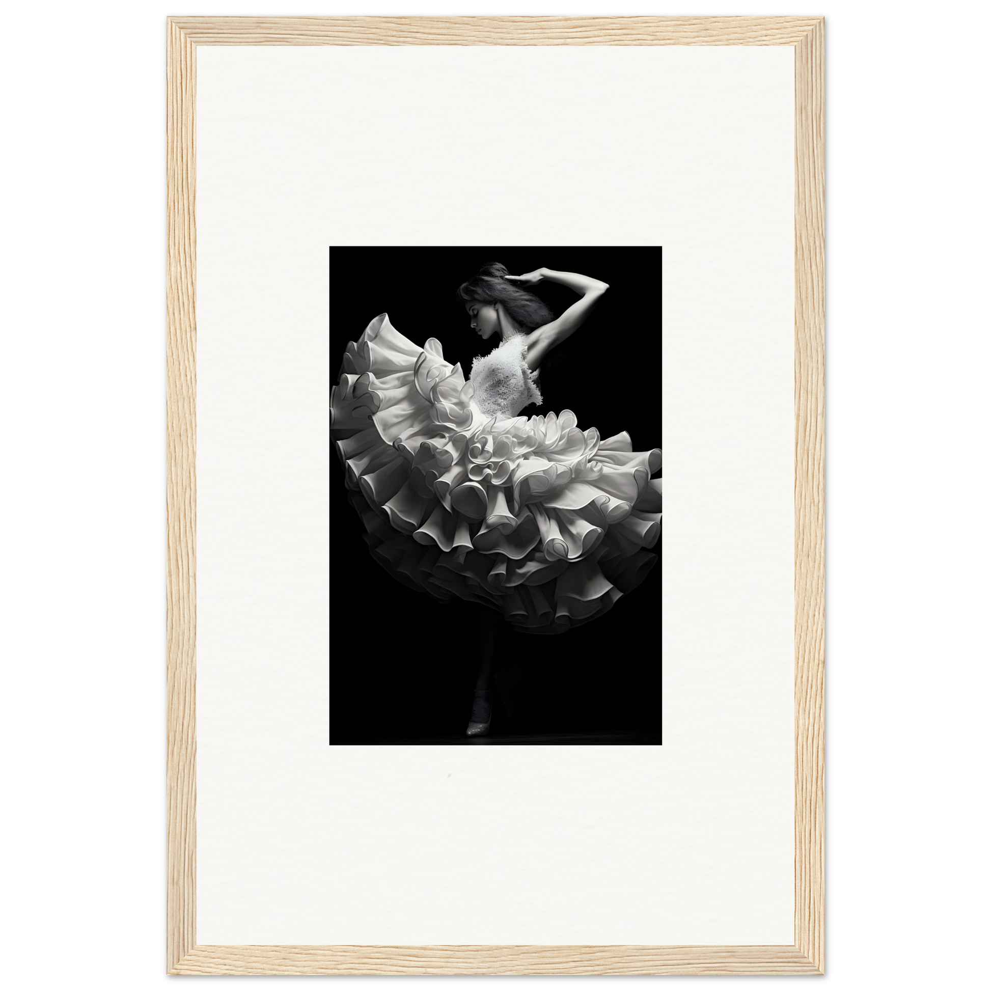 Dancer in a flowing white dress with ruffles, captured mid-movement against a dark background.