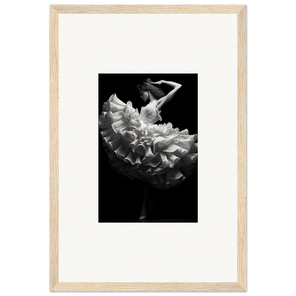 Dancer in a flowing white dress with ruffles, captured mid-movement against a dark background.