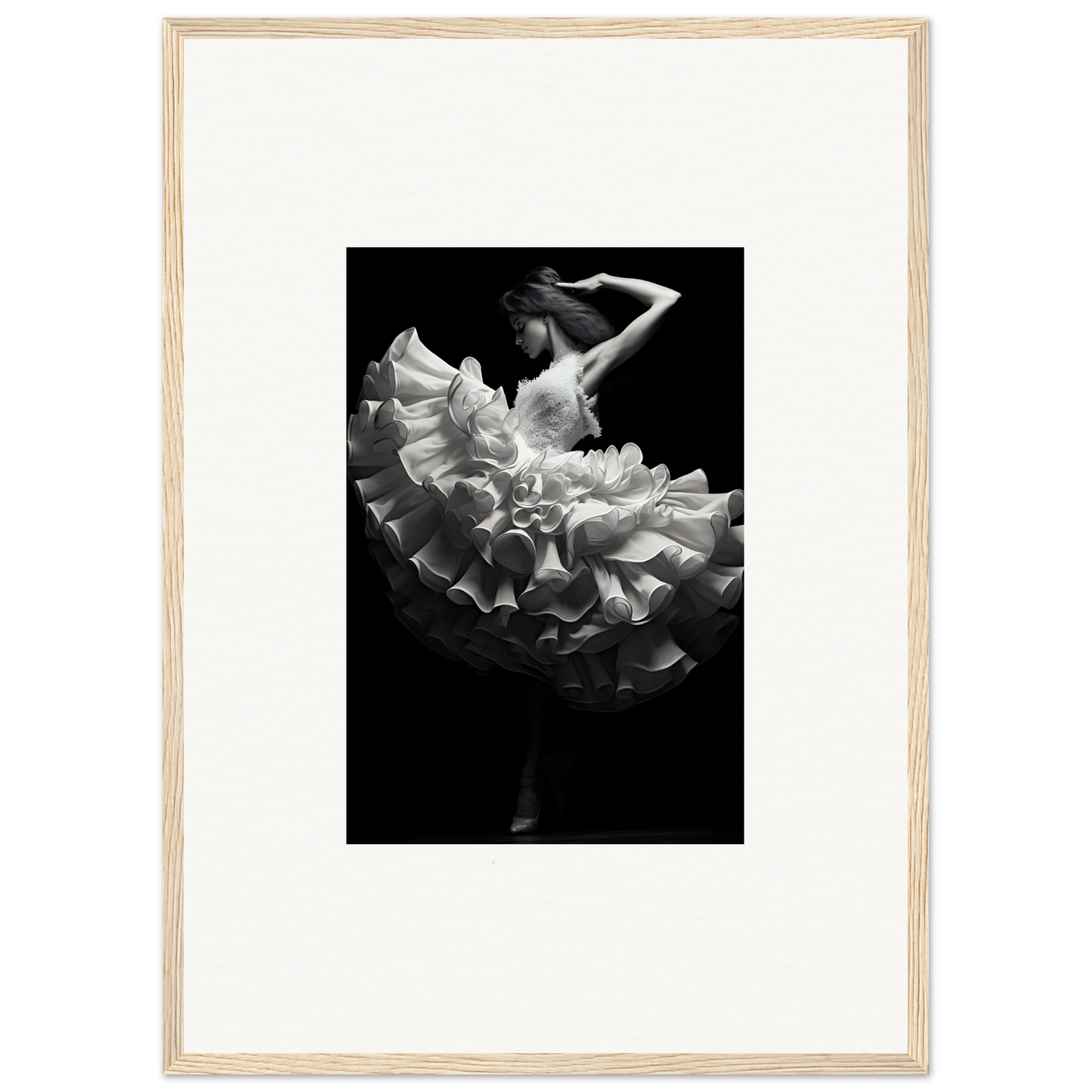 Graceful dancer in a flowing, ruffled white dress captured mid-movement against a dark background.