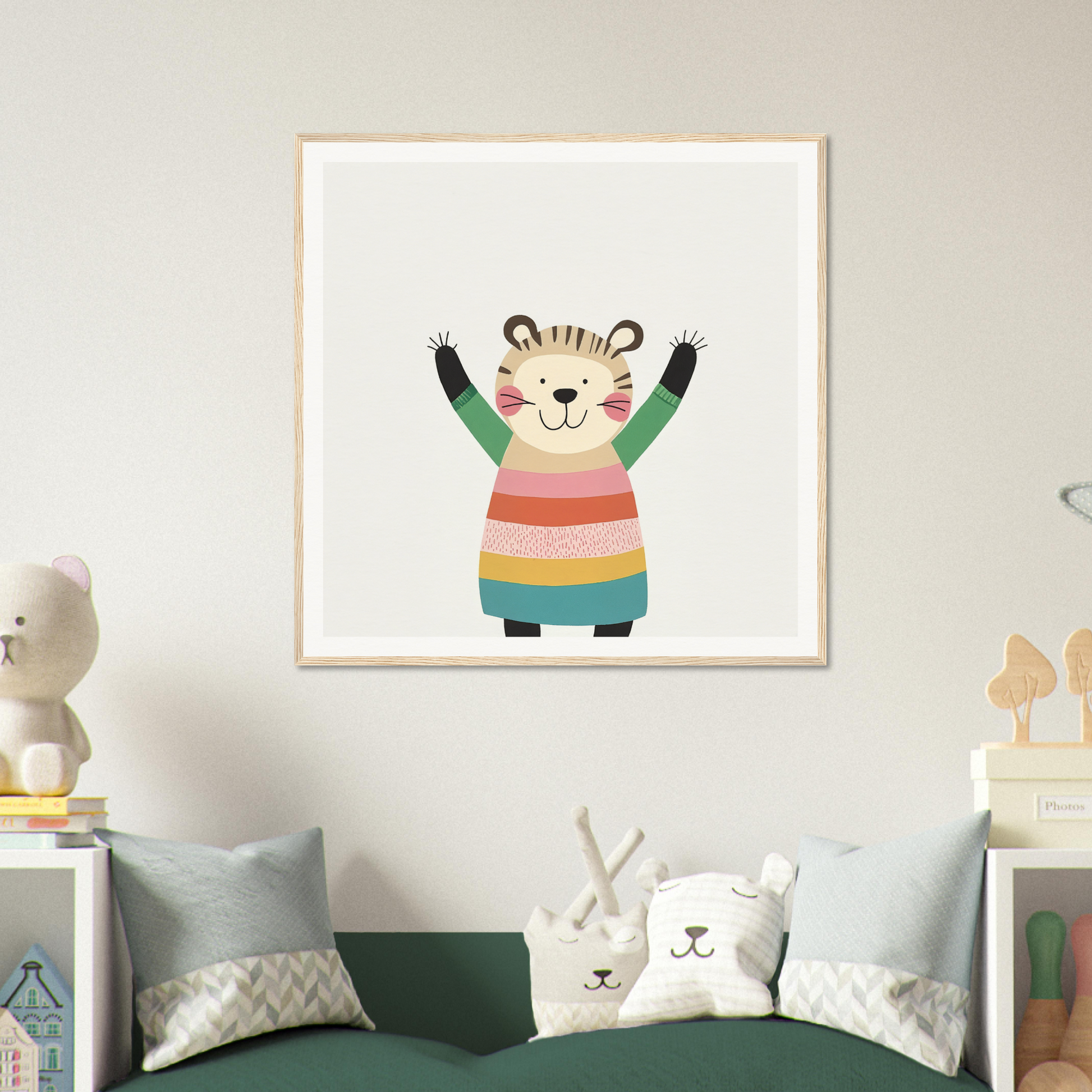 Cheerful cartoon bear in colorful sweater celebrating Whirlwind Tiger’s Bliss special edition art™