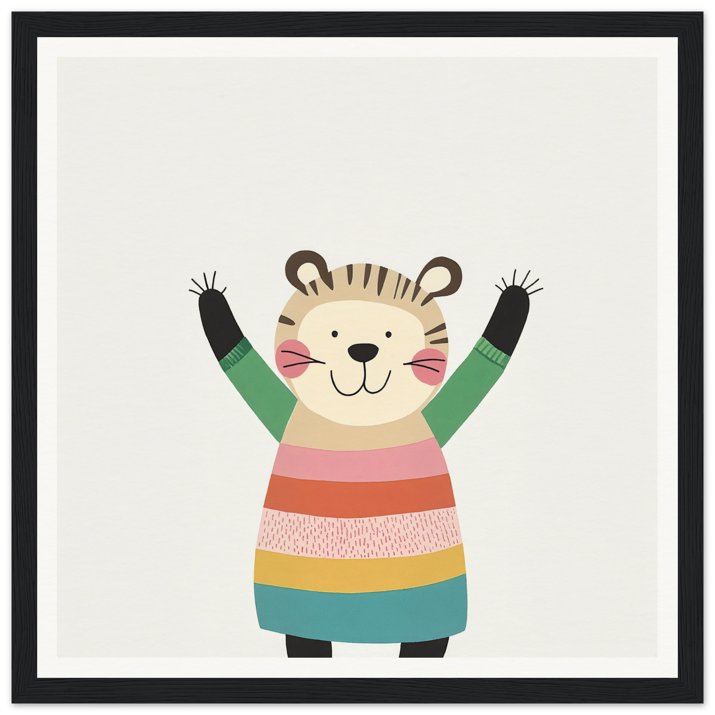 Cheerful cartoon tiger in a colorful striped sweater from Whirlwind Tiger’s Bliss