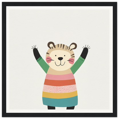 Cheerful cartoon tiger in a colorful striped sweater from Whirlwind Tiger’s Bliss