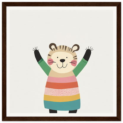 Cheerful cartoon tiger in colorful sweater showcasing Whirlwind Tiger’s Bliss special edition art™