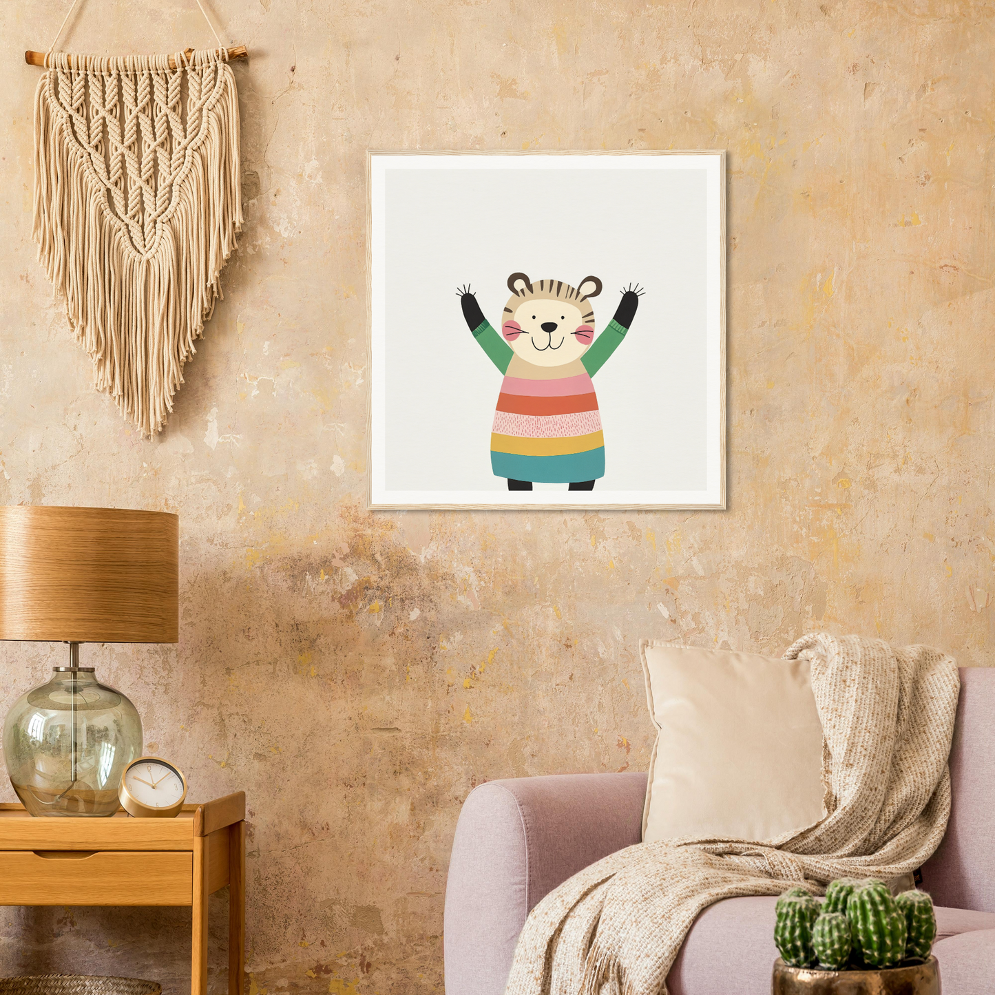 Cute cartoon bear in a colorful sweater raising arms for Whirlwind Tiger’s Bliss