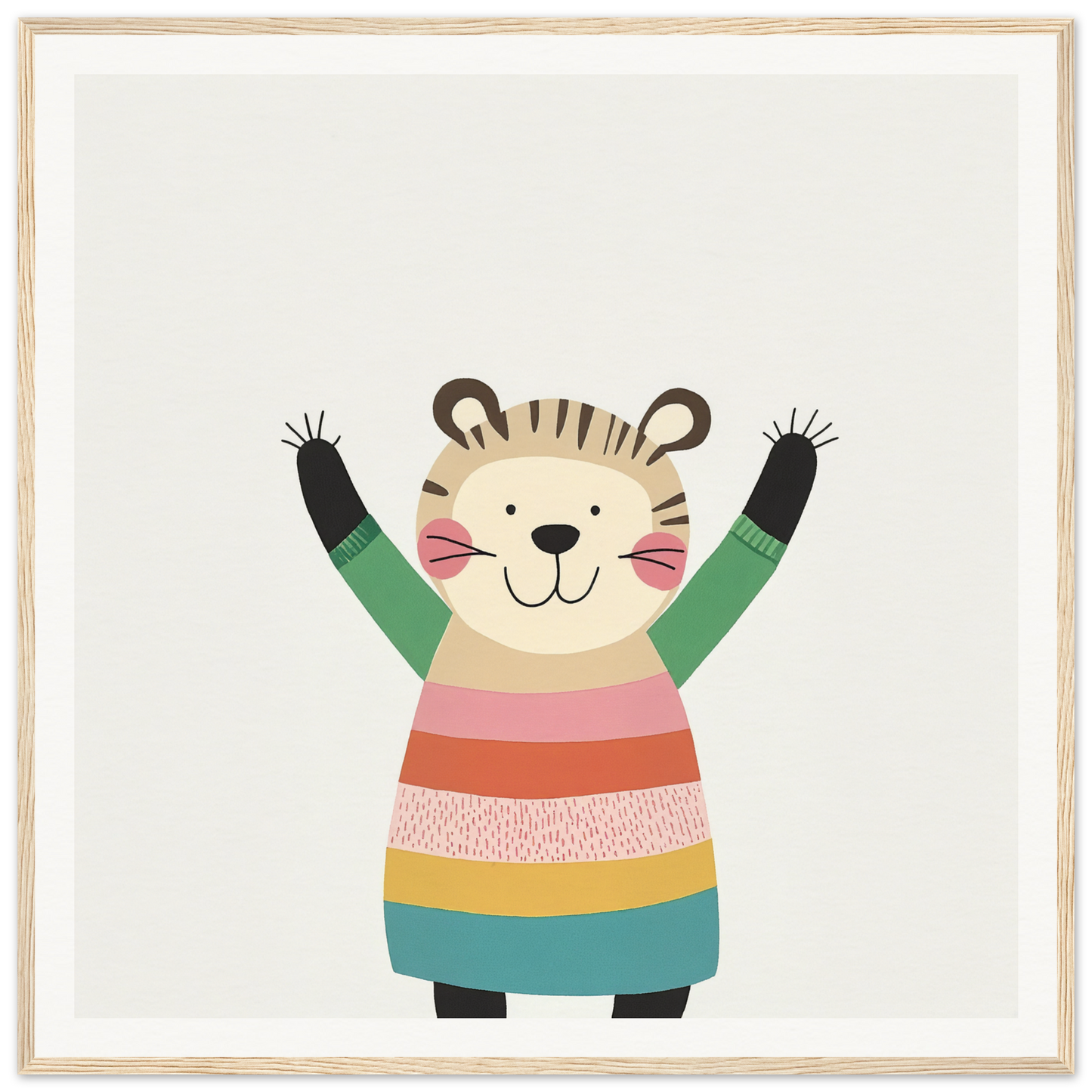 Cheerful cartoon tiger in colorful sweater, featured in Whirlwind Tiger’s Bliss special edition art™