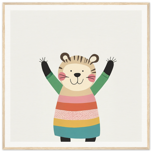 Cheerful cartoon tiger in colorful sweater, featured in Whirlwind Tiger’s Bliss special edition art™