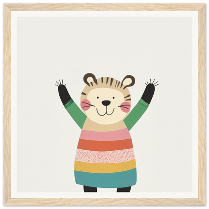 Cheerful cartoon tiger in colorful sweater celebrating Whirlwind Tiger’s Bliss special edition art™