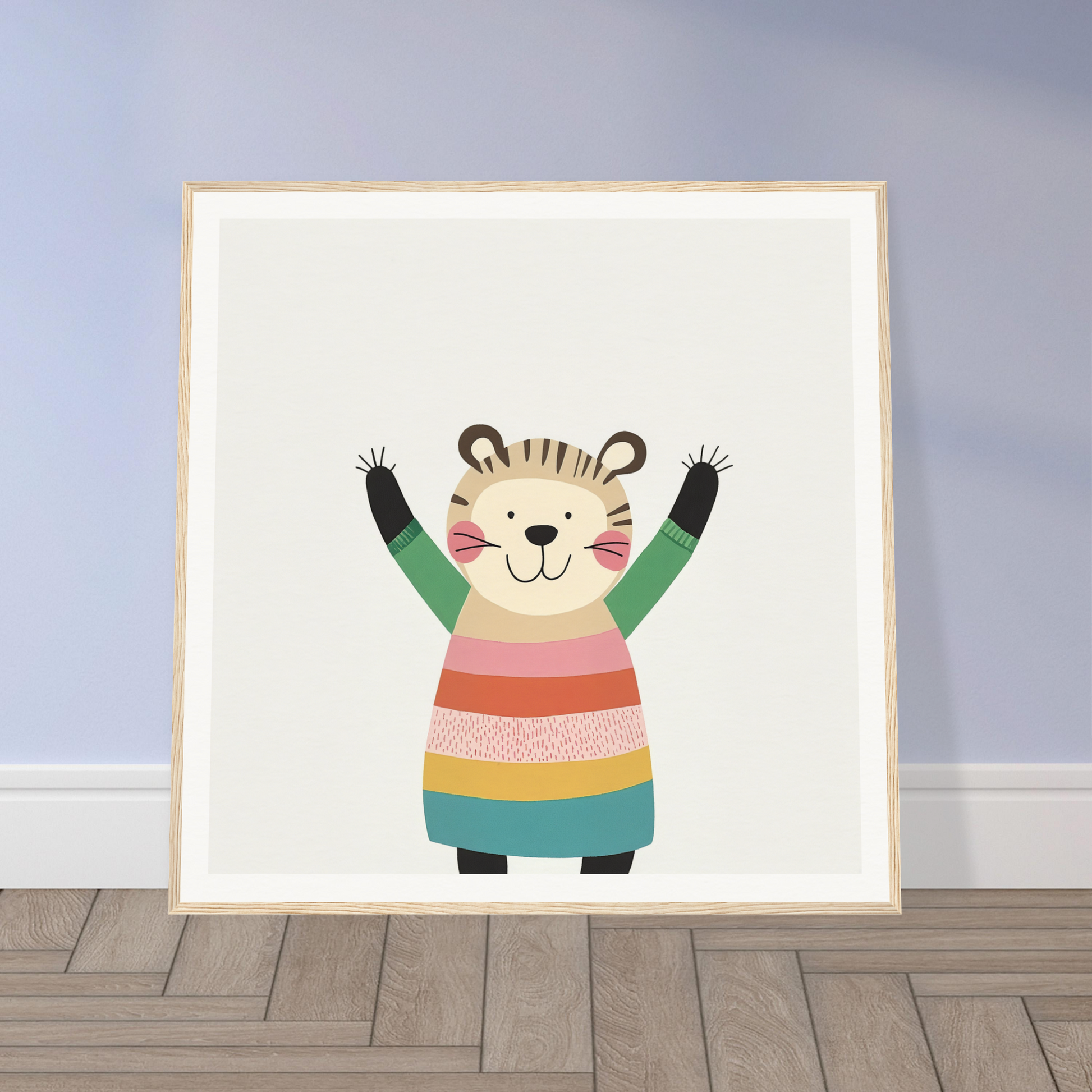 Cheerful cartoon tiger in striped sweater raising arms for Whirlwind Tiger’s Bliss