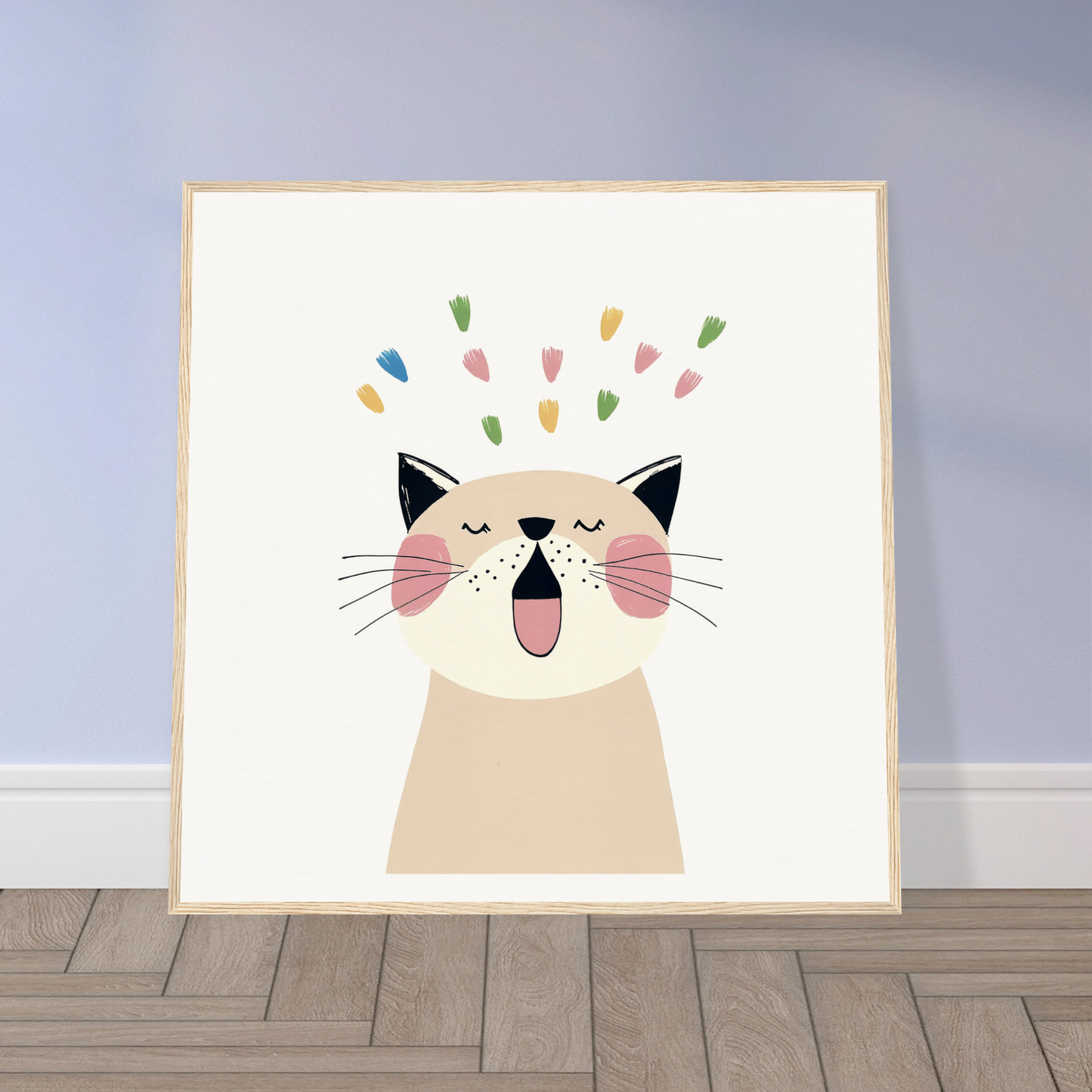 Happy cartoon cat with colorful confetti celebrating Whiskered Euphoria Dance