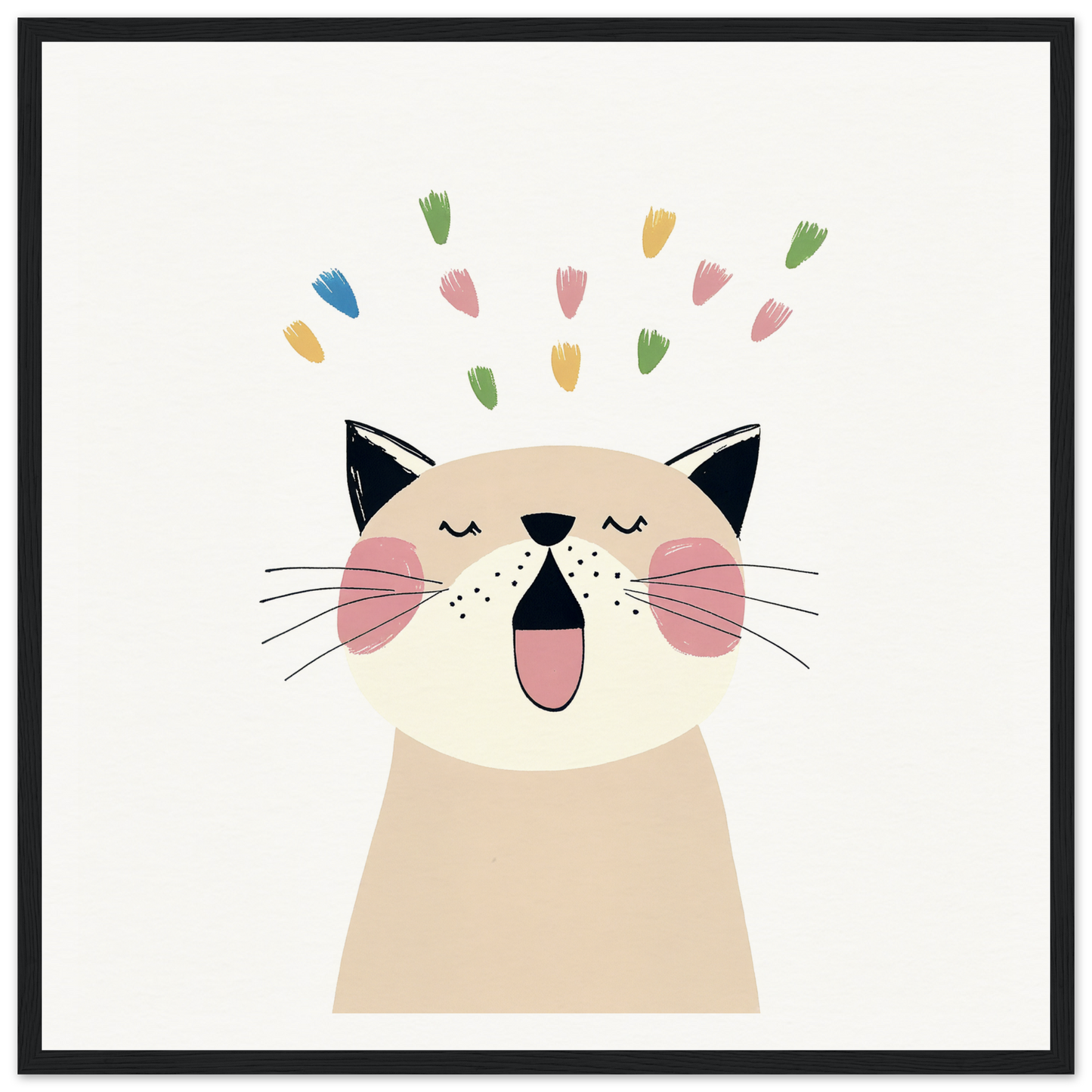 Happy cartoon cat celebrating with colorful confetti for Whiskered Euphoria Dance