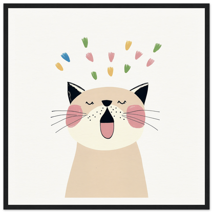 Happy cartoon cat celebrating with colorful confetti for Whiskered Euphoria Dance