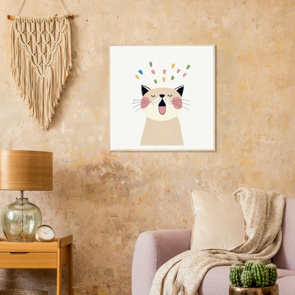 Colorful cartoon cat artwork with confetti elements from Whiskered Euphoria Dance