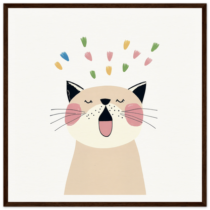 Happy cartoon cat with colorful hearts, embodying joy in Whiskered Euphoria Dance