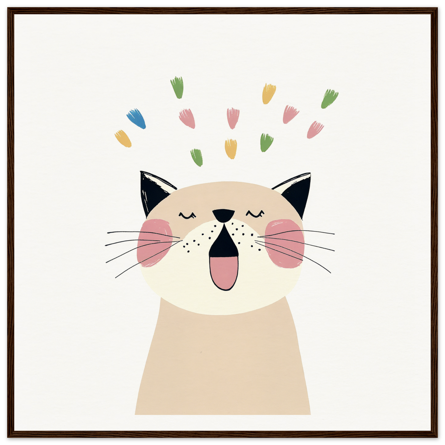 Happy cartoon cat celebrating with colorful confetti for Whiskered Euphoria Dance